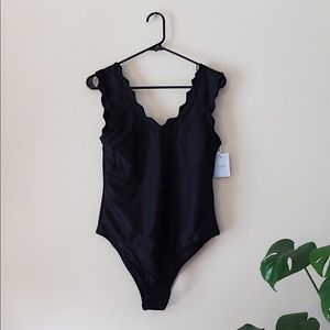 Black Crystal Scalloped V Neck One Piece Swim Suit